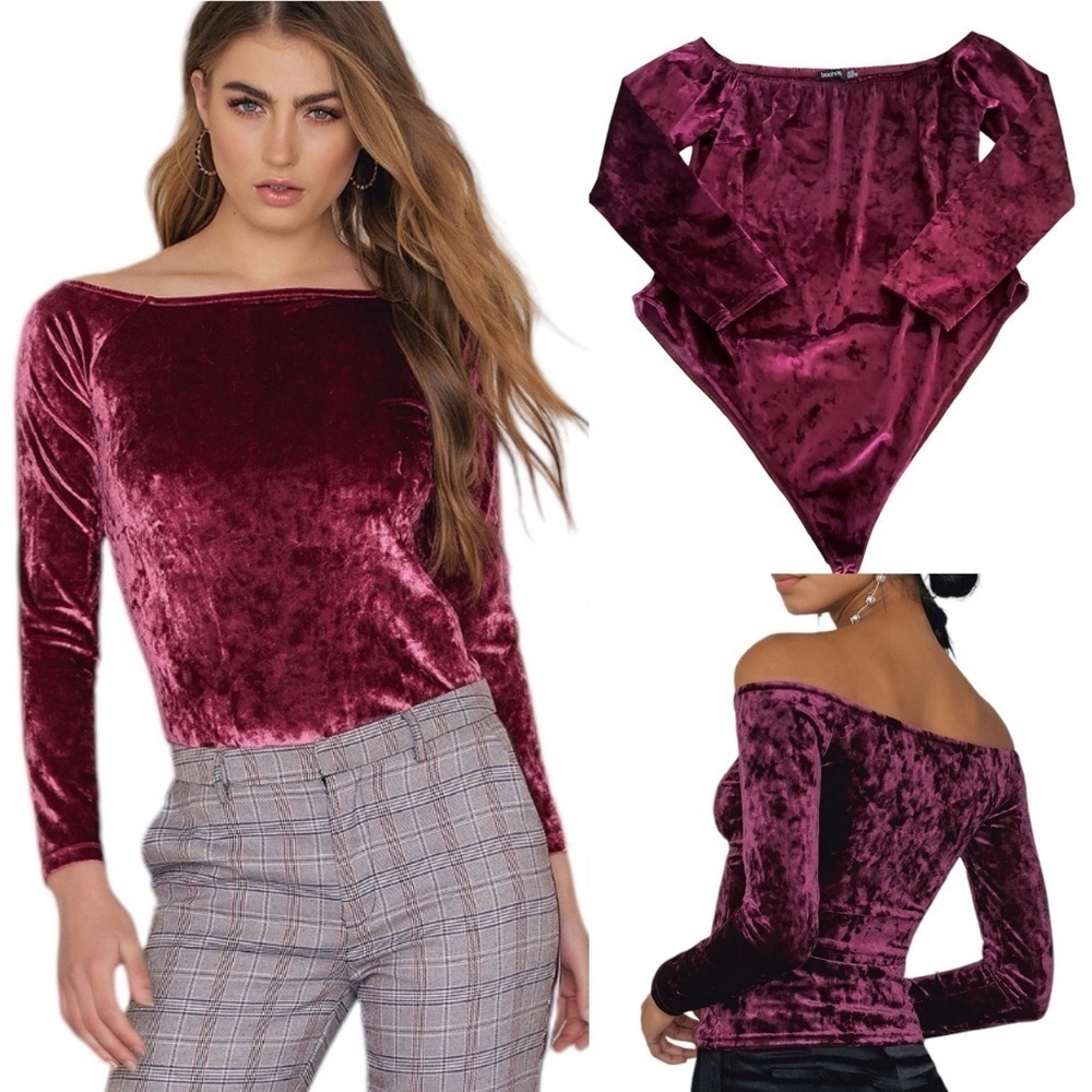 Boohoo Burgundy Velvet Bodysuit Elasticic Neckline Long Sleeve Women’s Size 18
